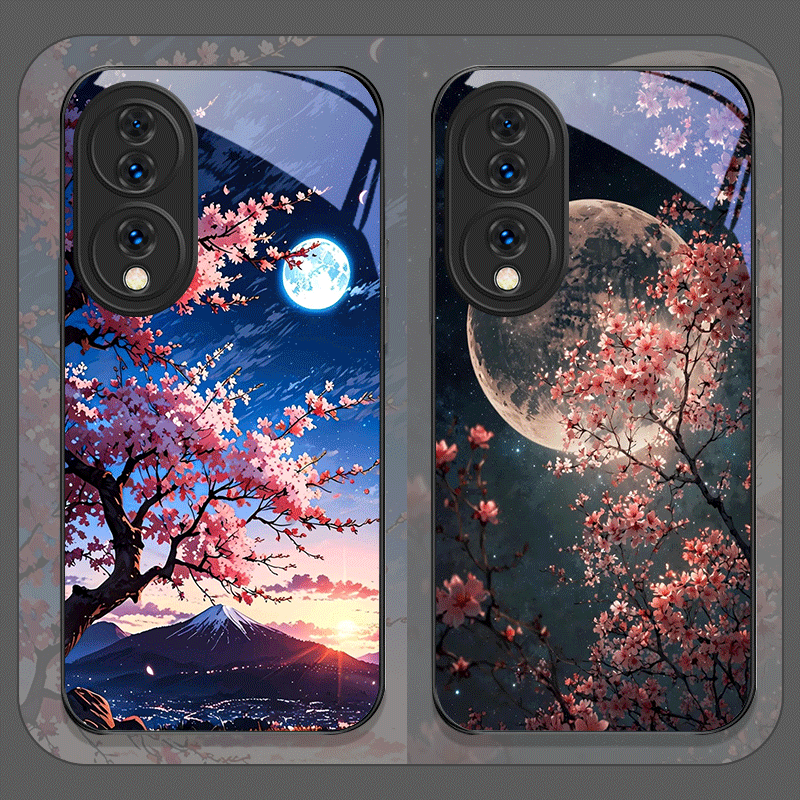 Phone Cases Honor - 레트로 풍경 달 벚꽃 강화유리 휴대폰