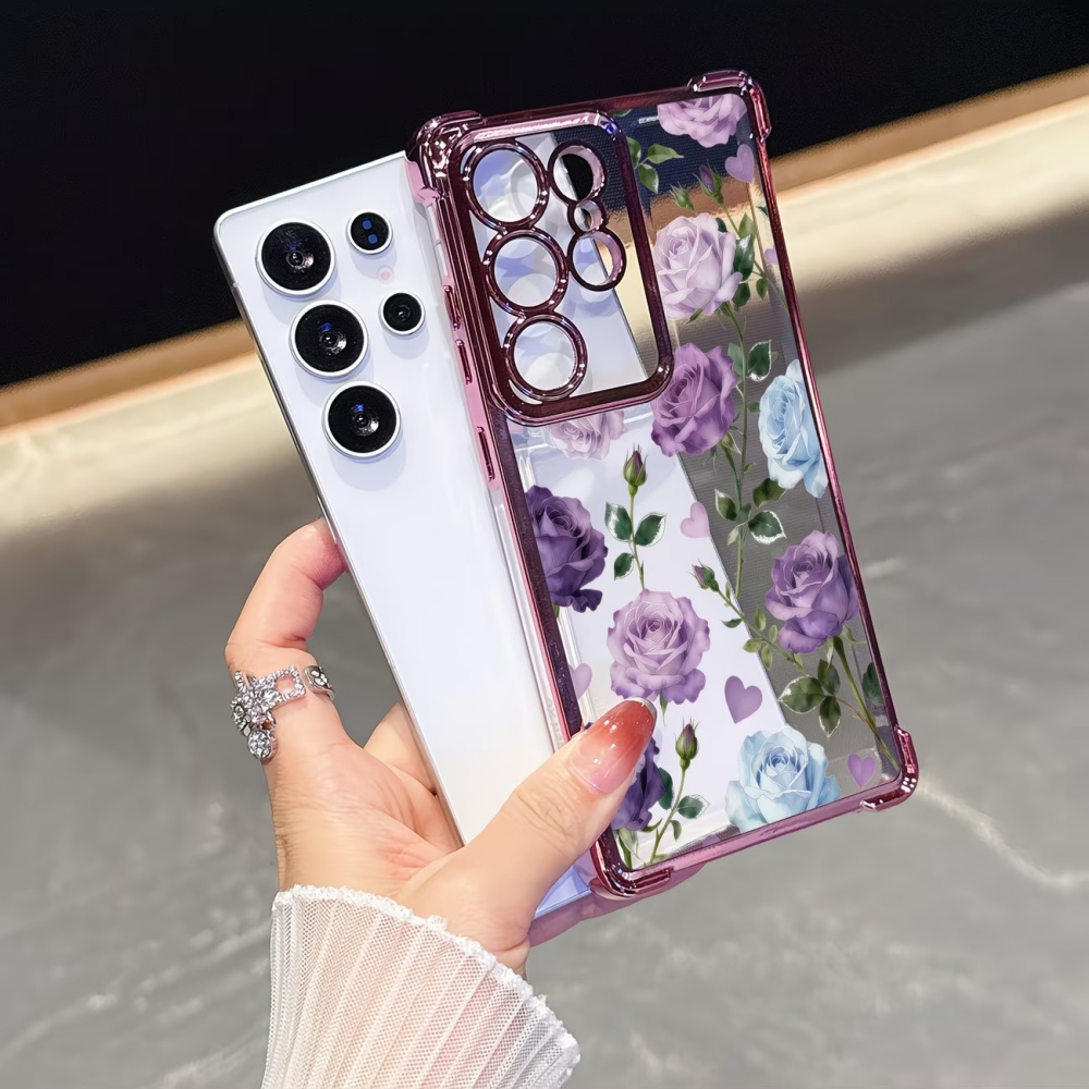전기도금된 네 모서리 충격 방지 퍼플 로즈 투명 폰 케 - Phone Cases Purple 리뷰 및 가격